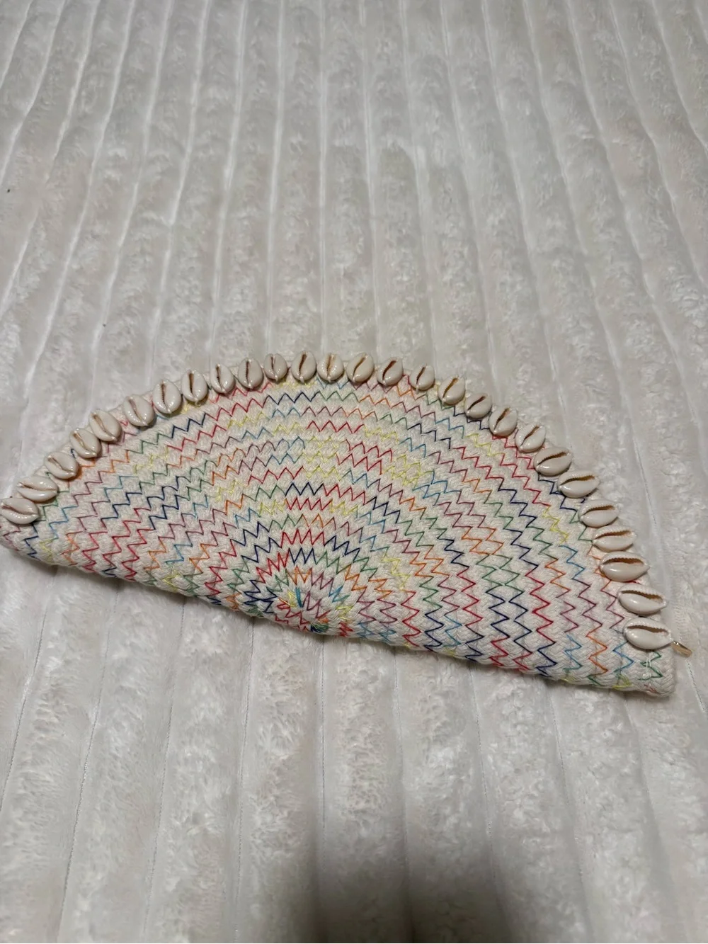 Multicolor Chevron Half-Moon Clutch with Shell Accent